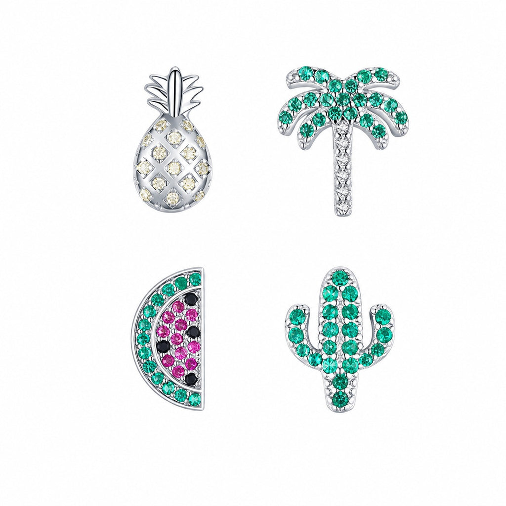 Arete individual de plata de ley 925 con circonia cúbica y patrón tropical de hoja de piña en forma de árbol de palma granada