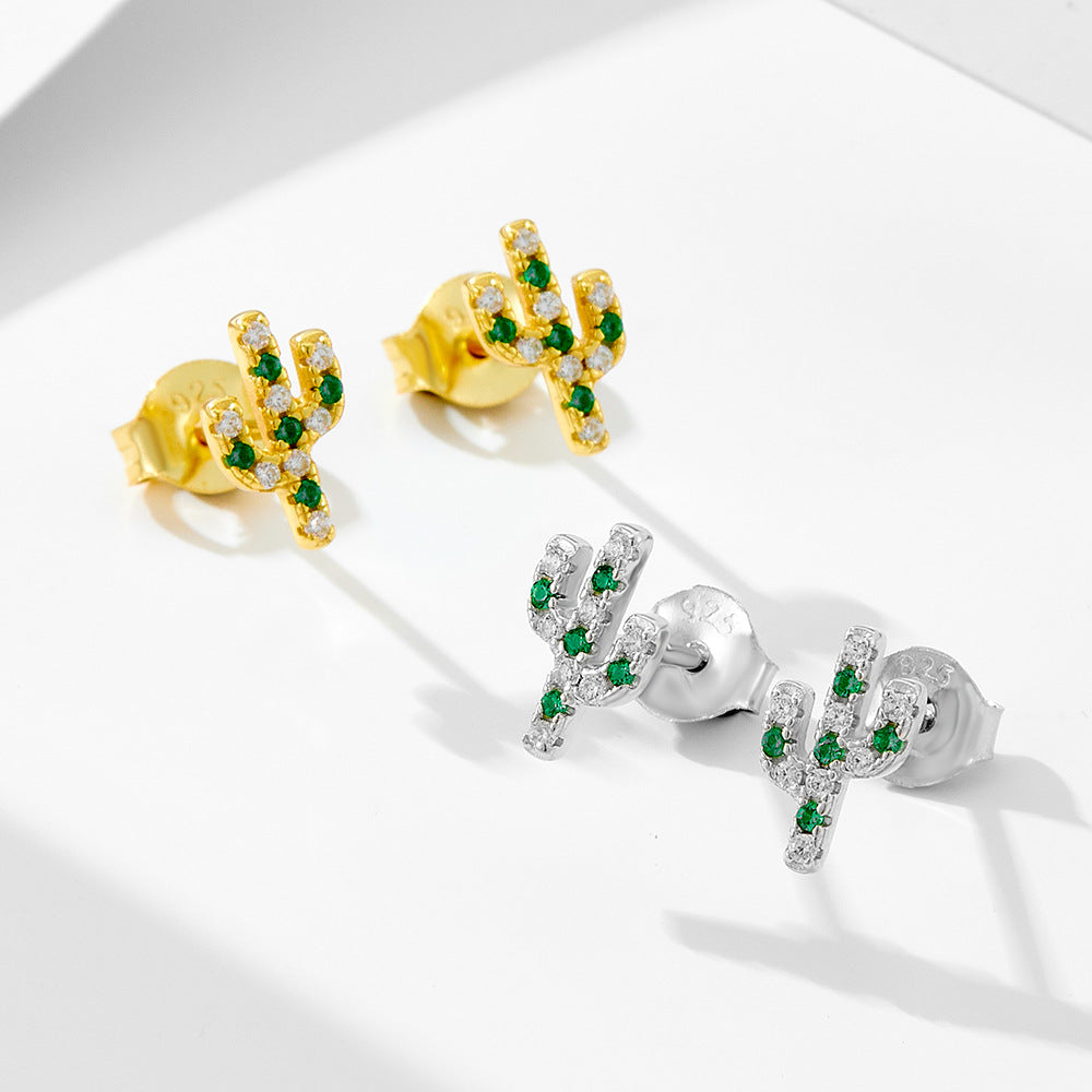 Pendientes de cactus con circonia cúbica verde y transparente en plata de ley 925