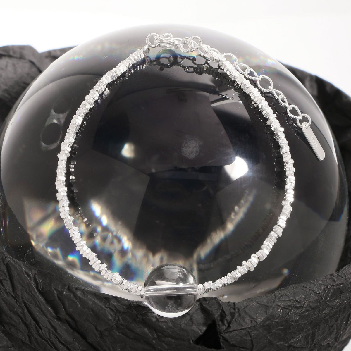 Simple Natural Transparent Crystal Broken 925 Sterling Silver Bracelet