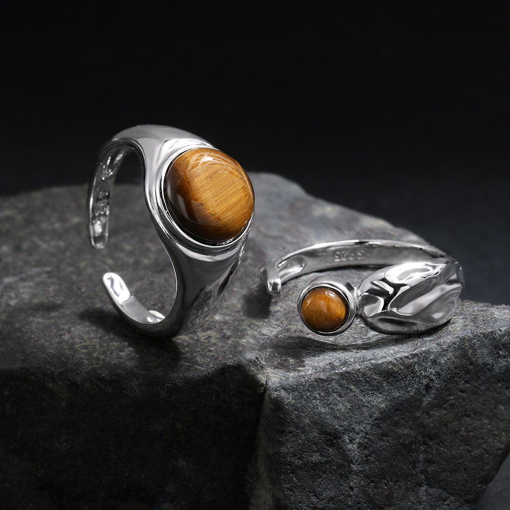 Natural Tiger's Eye 925 Sterling Silver Natural Stone Adjustable Open Band Wide Rimmed Leaf-Shaped Twisted Ring