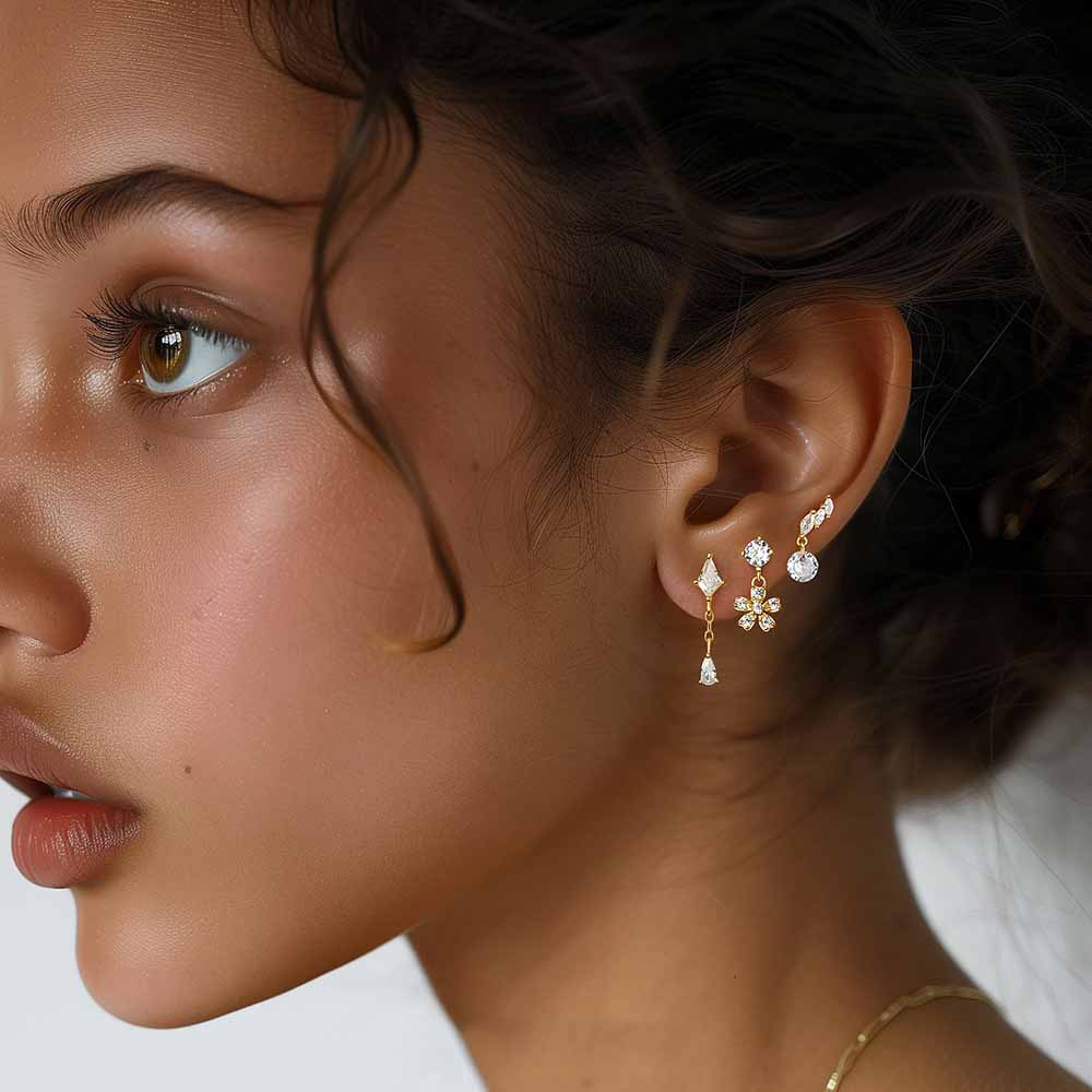 Gril CZ Star Bow-knot Crescent Moon Flower Waterdrops 925 Sterling Silver Dangling Earrings