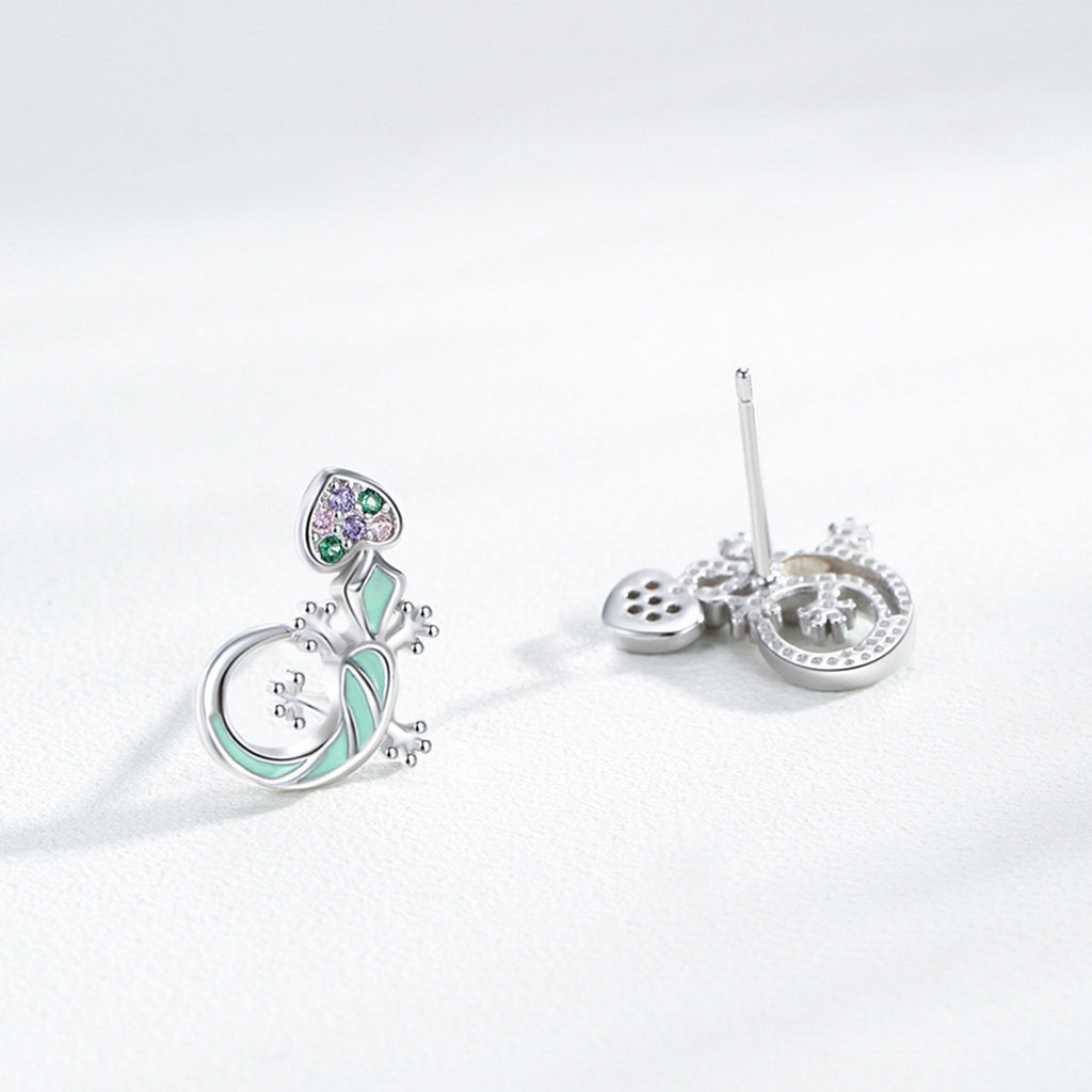 Rainbow Cube Zirconium Blue Mint Green Enamel Lizard-shaped 925 Silver Earrings
