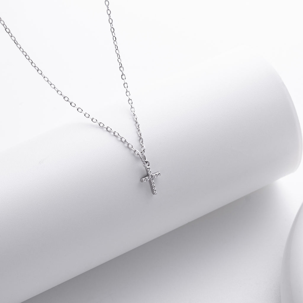 Fine Jewelry Gift Women 925 Sterling Silver Chain Adjustable Length Cubic Zirconia Cross Pendant Necklace