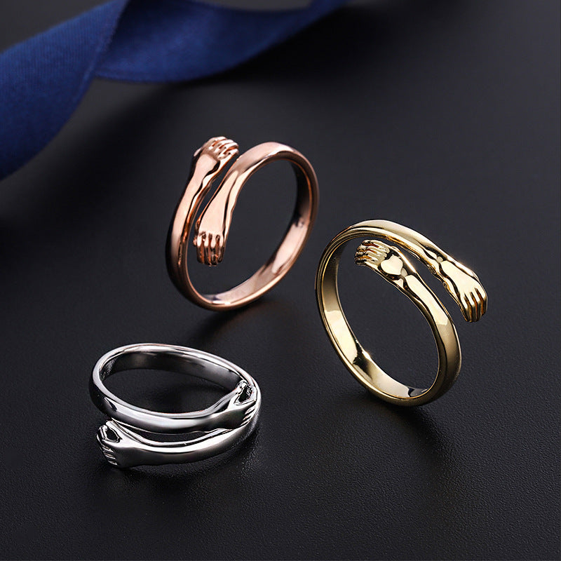 Romantic Korean Style Hug Design Adjustable 999 Pure Silver Couple Ring Vintage Geometric Pattern for Women 2021 New Fashion Jewelry Gift