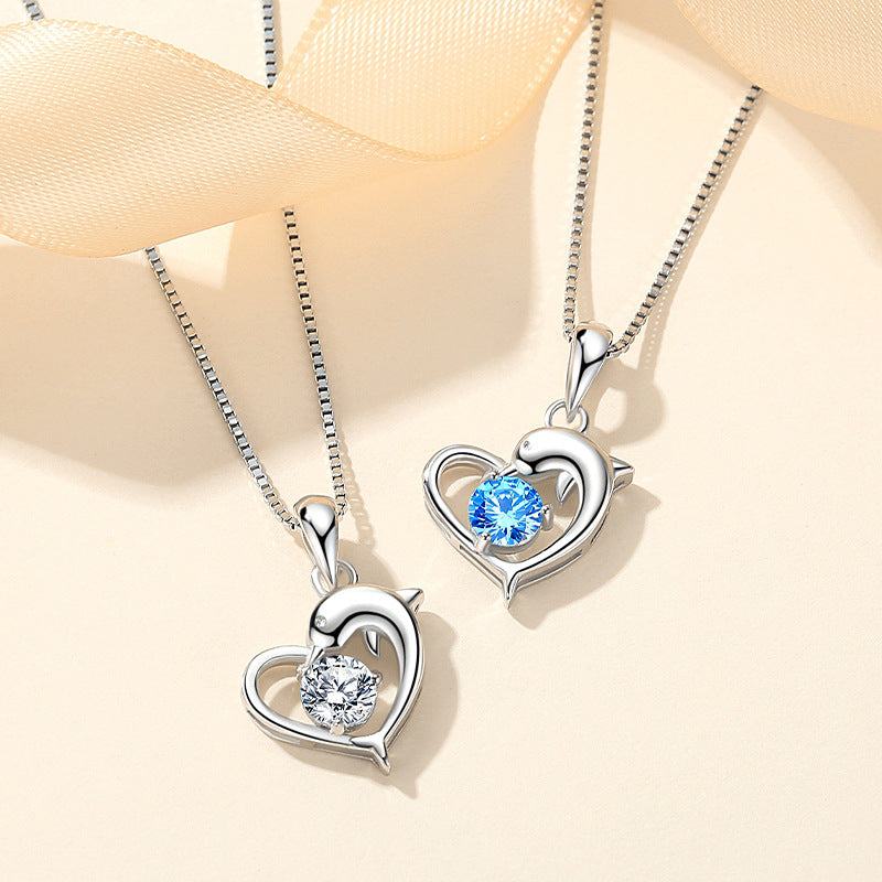 Dolphin Heart Shaped Zircon 925 Sterling Silver Pendant