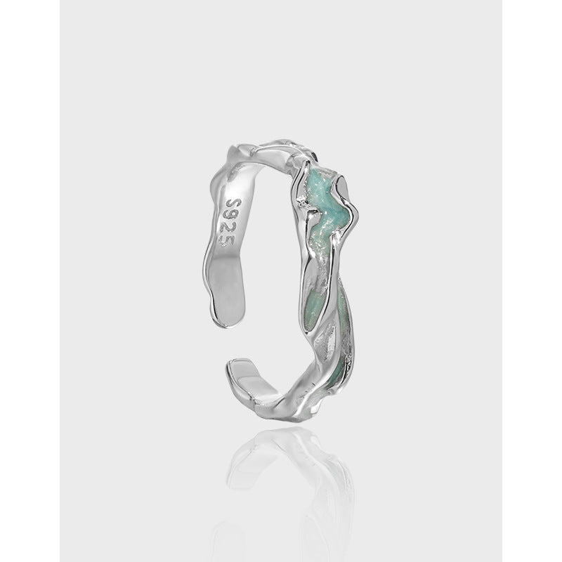 Anillo Ajustable Abierto de Plata Esterlina S925 con Epoxi Verde Agua y Textura Ondulada Irregular