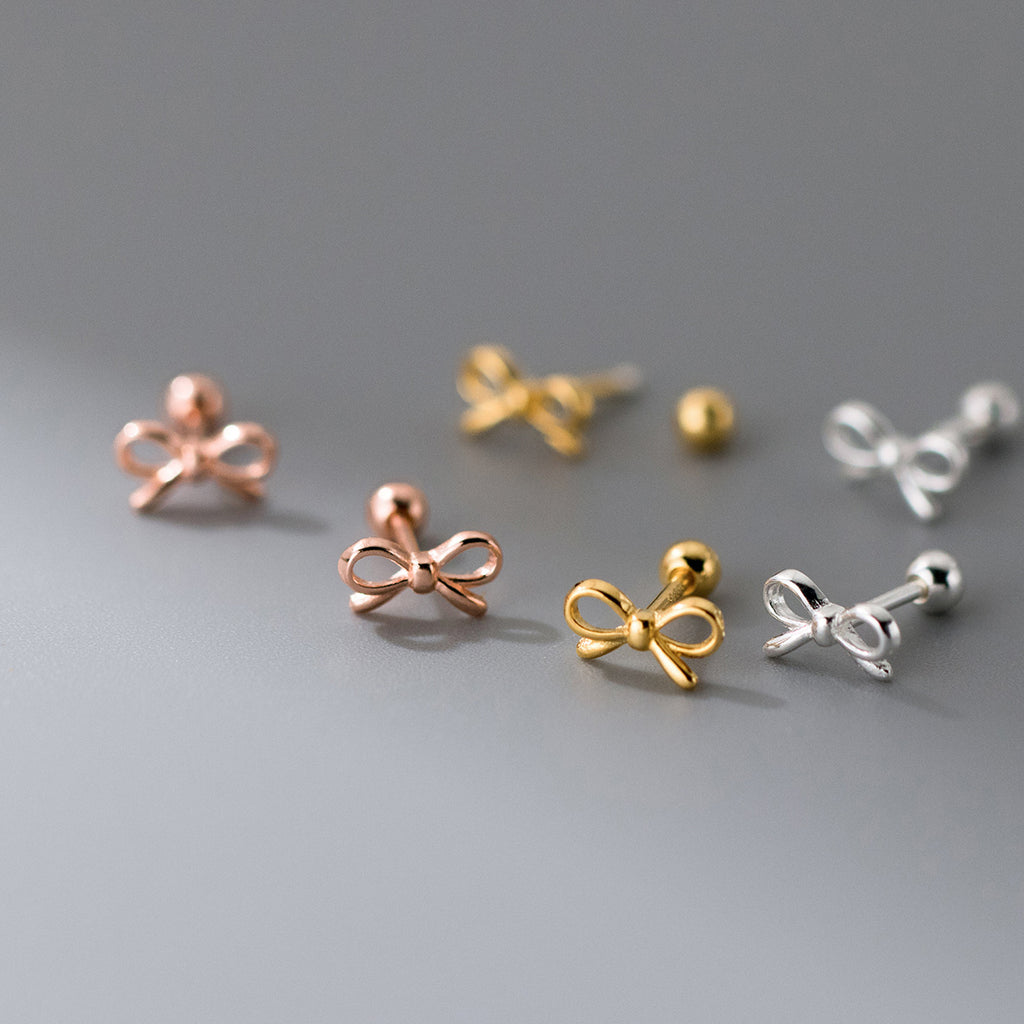 Minimalist Geometric 925 Sterling Silver Bow Knot Ear Stud Earrings