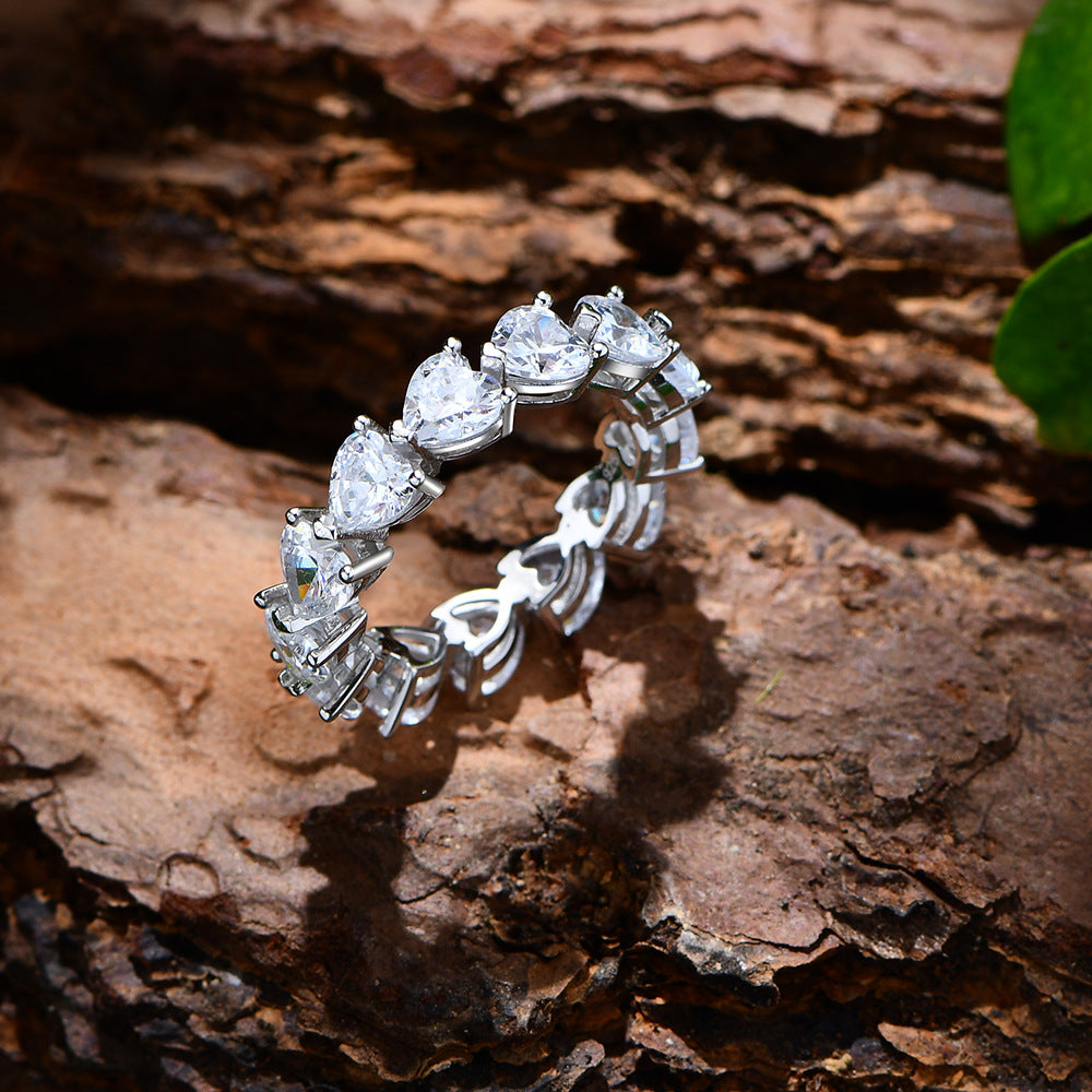 Women Elegant Fashion Statement Heart Shape High Carbon Stone 925 Sterling Silver Ring