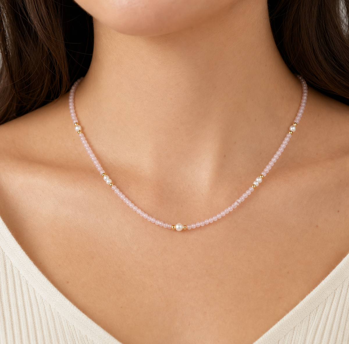Dainty Pink Natural Rose Quartz Freshwater Multi Size Pearl Beaded Adjustable Elegant 925 Sterling Silver Necklace