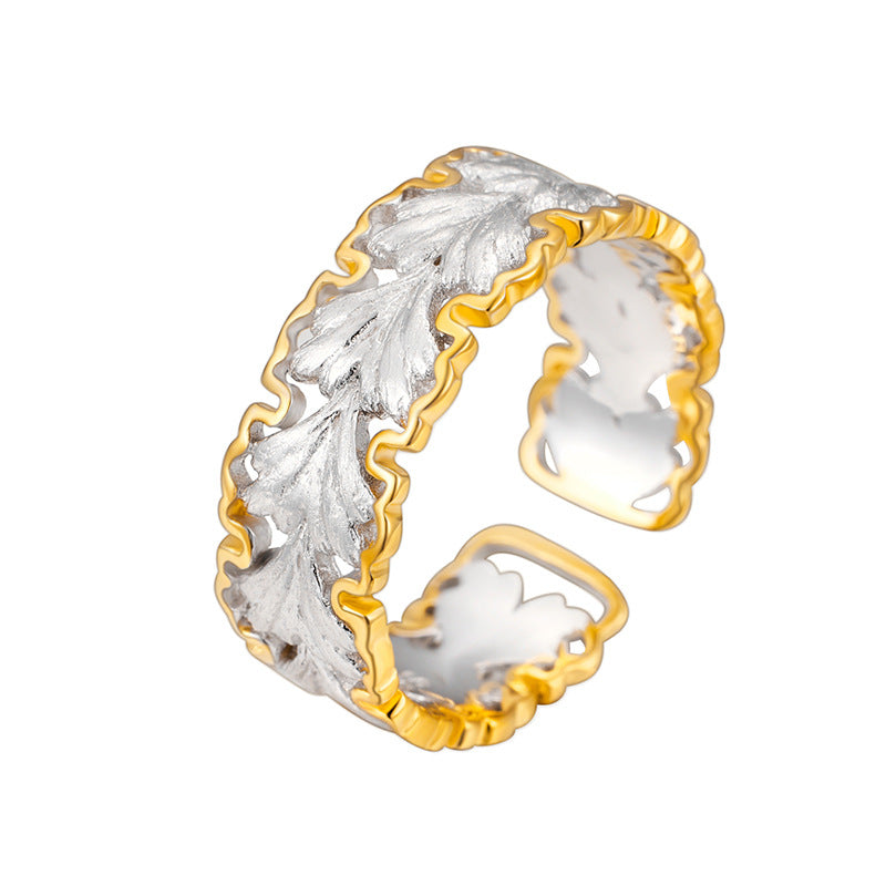Elegant Maple Leaf Design 18K Gold Plating 925 Sterling Silver Adjustable Open Ring
