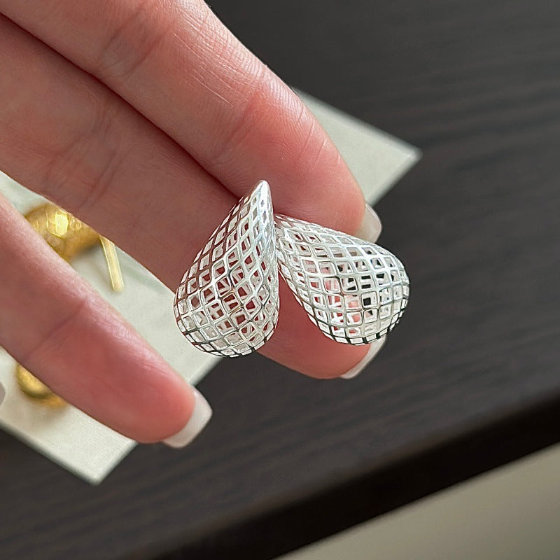 Geometric Water Drop Fashion Hollow Teardrop Mesh Lattice 925 Sterling Silver Stud Earrings