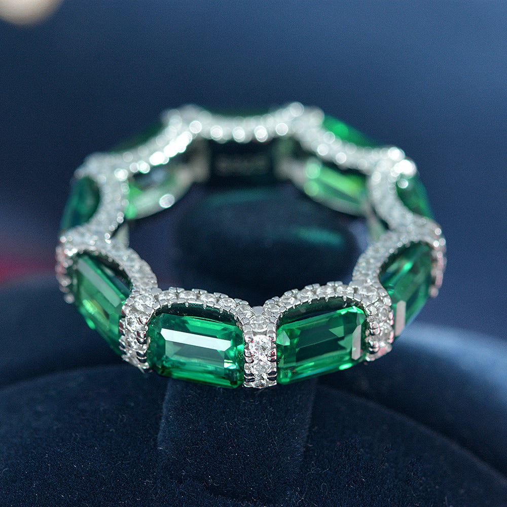 Anillo de Plata Esterlina 925 de Circonia Sintética Esmeralda Verde Corte Esmeralda de Eternidad de Círculo Completo