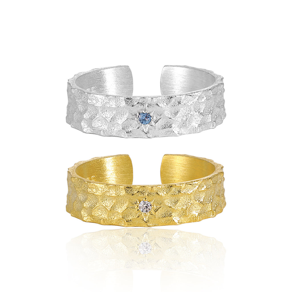 Hammered Texture Cubic Zirconia Adjustable Open Ring for Women with 925 Sterling Silver and 18K Gold Plating, Unique Minimalist Style for Anniversary, Birthday, Party, or Casual Wear
