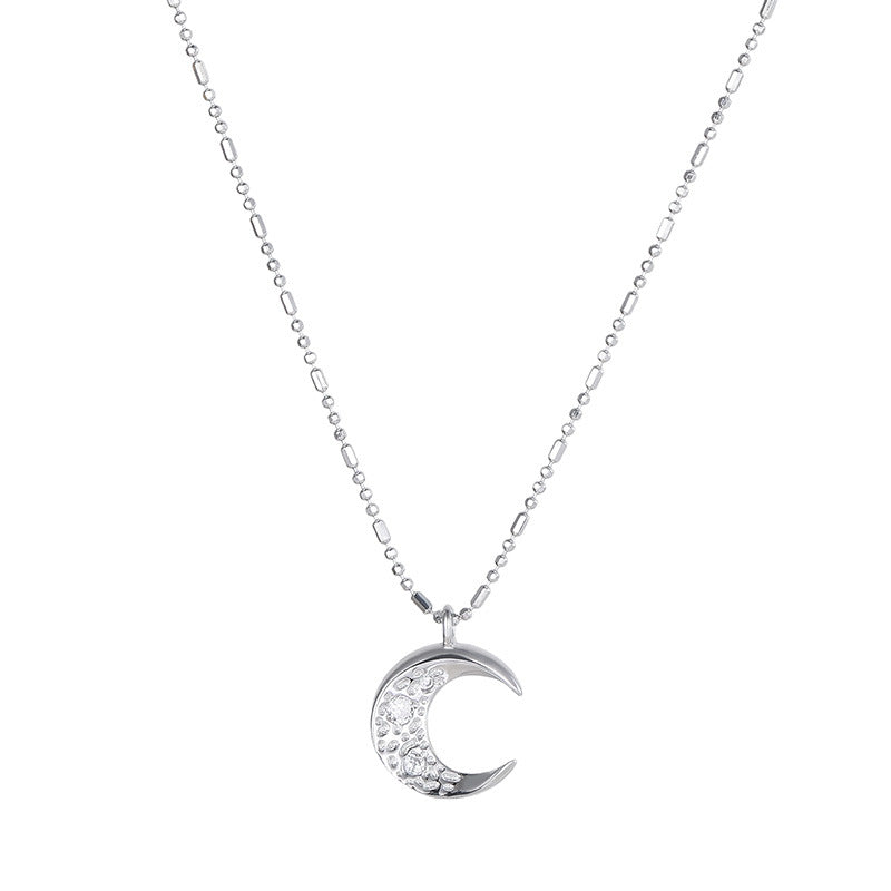 Elegant Crescent Moon Cubic Zirconia Pendant  Rhodium Plated 925 Sterling Silver Necklace