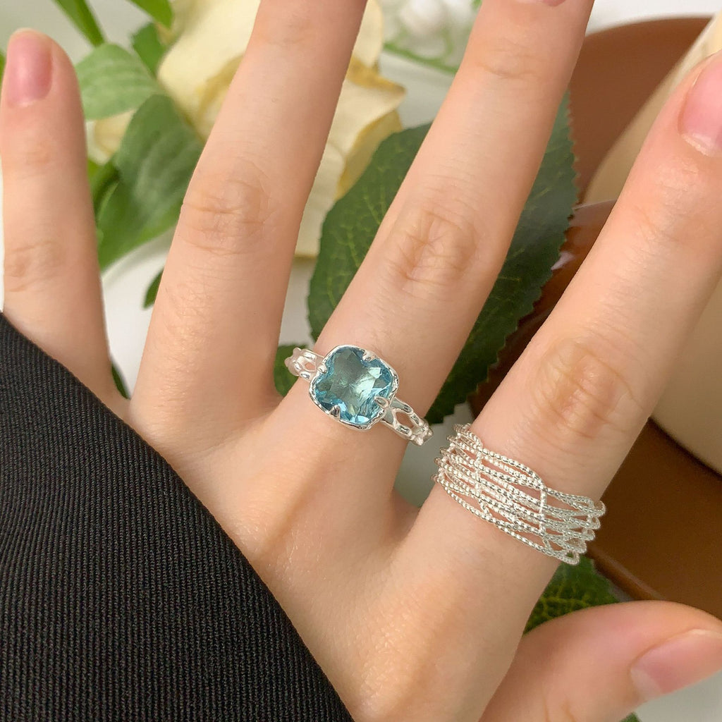 Elegant Red Blue Radiant CZ 925 Sterling Silver Adjustable Ring