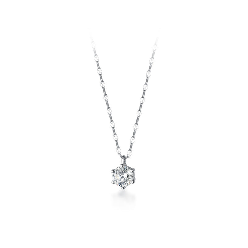Cubic Zirconia Minimalist Round Solitaire Six Prong S925 Sterling Silver Necklace