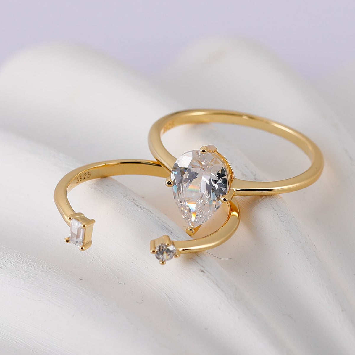 Pear Shape Moissanite Stack Ring Set S925 Sterling Silver Double Band Ring With Round And Baguette Accent Stones White Gold Tone Or Yellow Gold Elegant Fashion Jewelry For Women