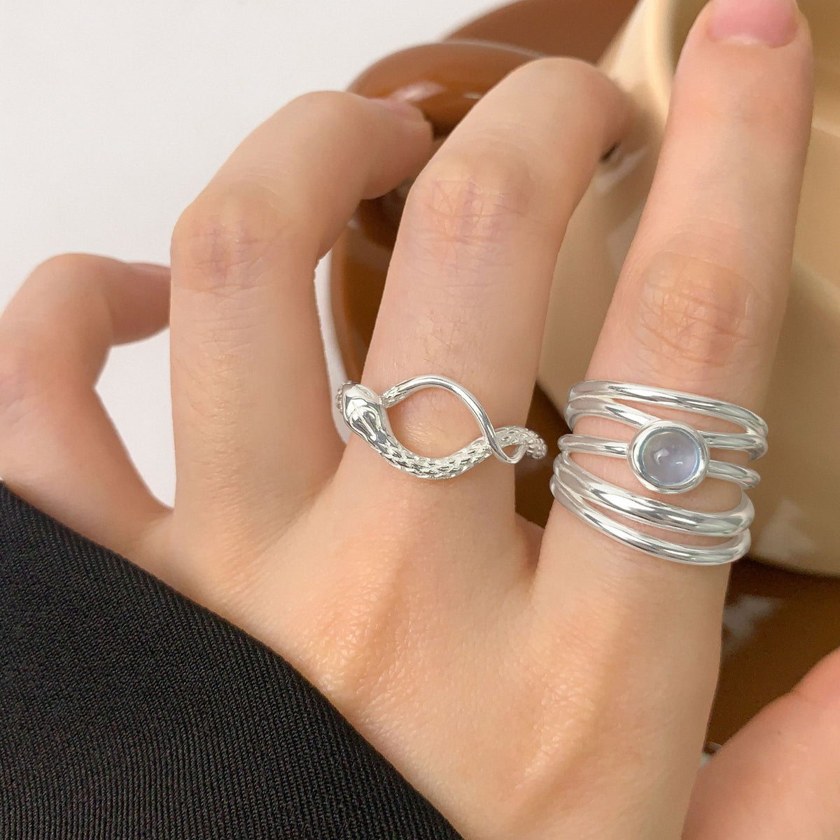 Multi Layers Rond Natural Aquamarine 925 Sterling Silver Adjustable Ring