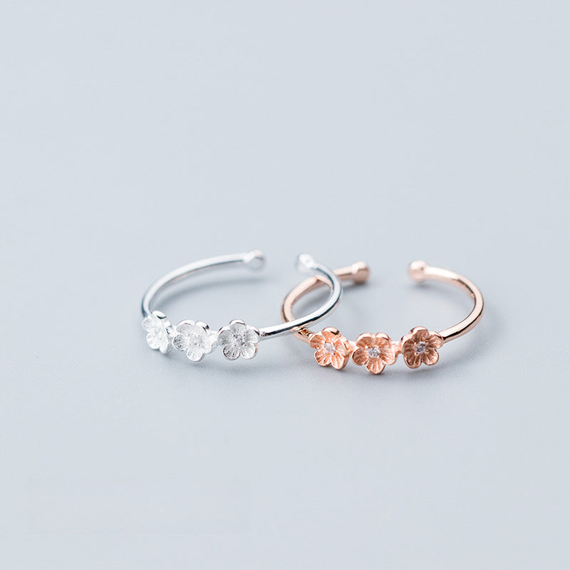 Triple Cherry Blossom Flower Cubic Zirconia S925 Sterling Silver Adjustable Open Ring