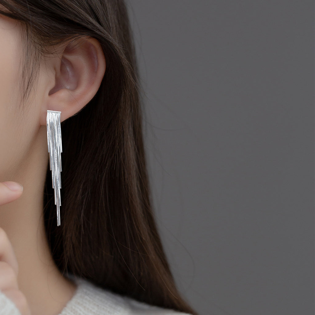 Geometric Line Drop Design S925 Silver Long Snake Chain Tassel Stud Earrings