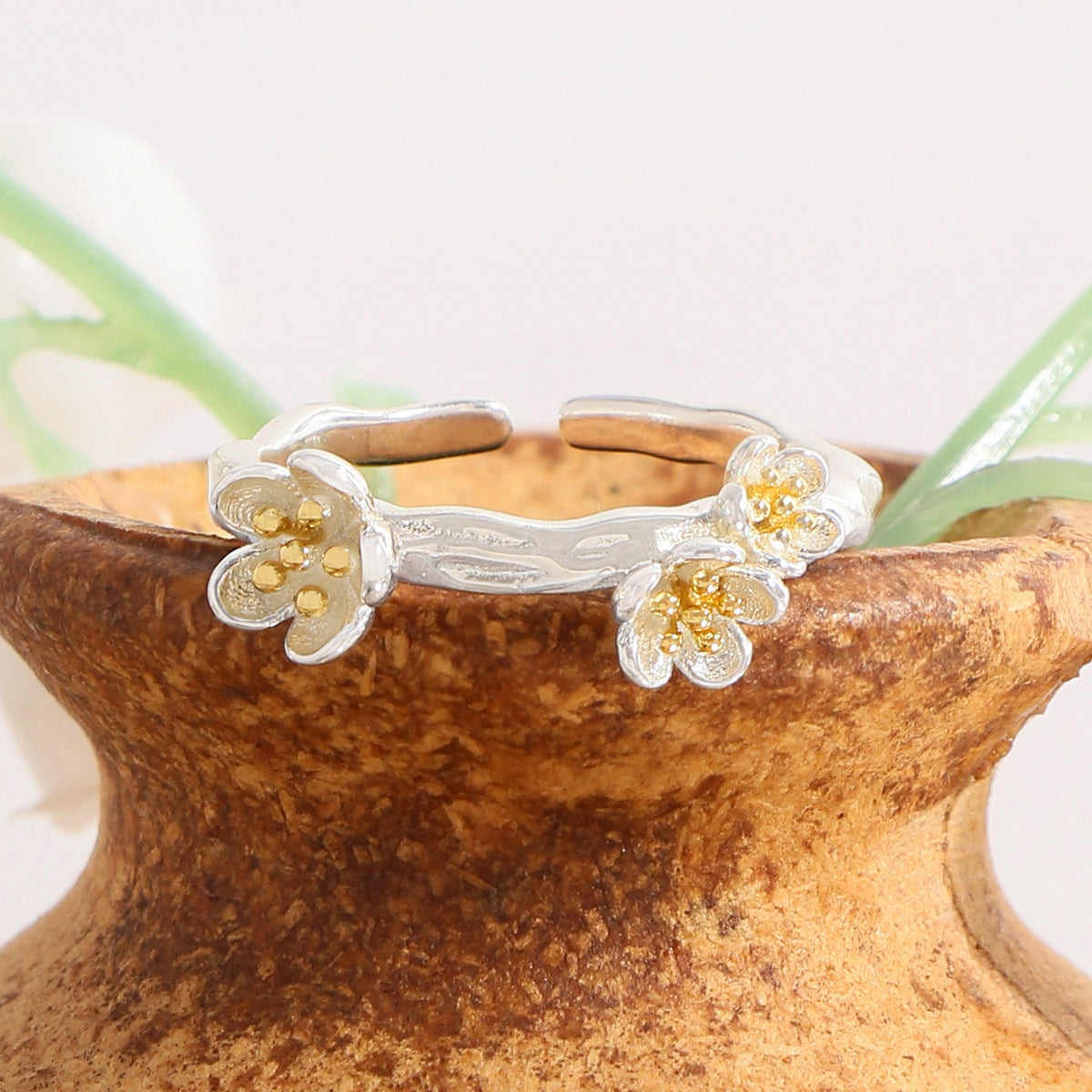 Beautiful Plum Blossom Flower 925 Sterling Silver Adjustable Ring