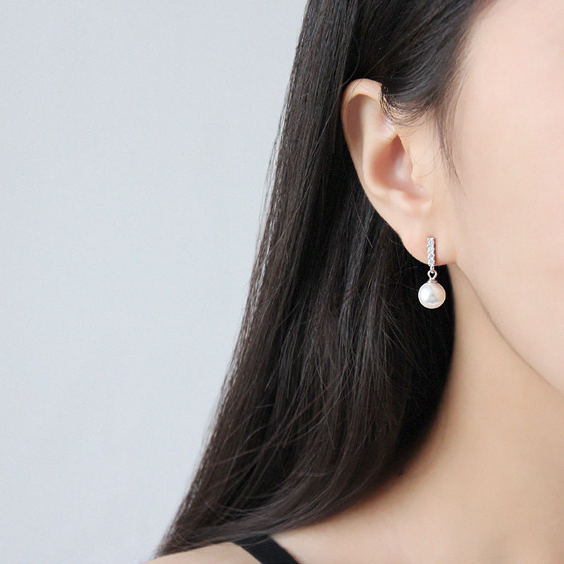 S925 pure silver simple micro inlaid diamond vertical diamond pearl women's earrings earrings student silver jewelry