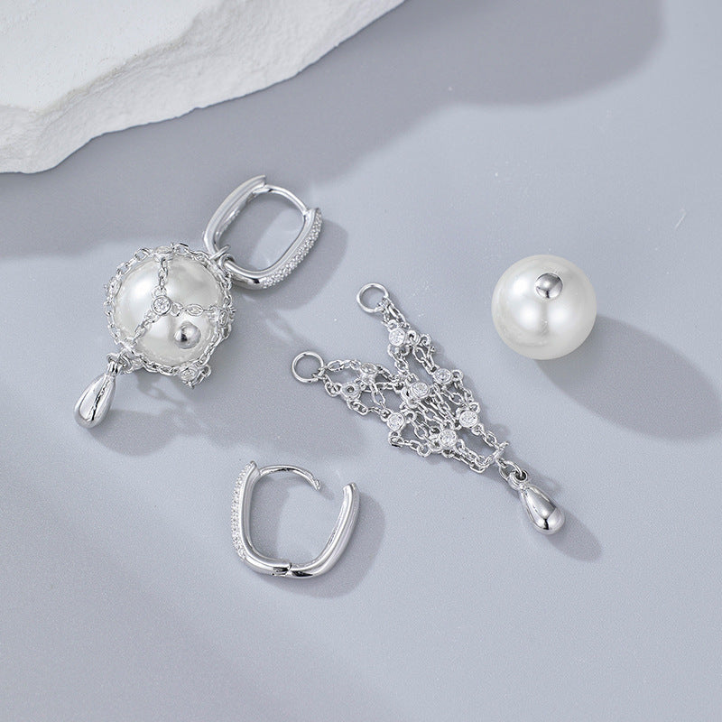 Elegant Net Design Freshwater Pearl 925 Sterling Silver Dangle Earrings