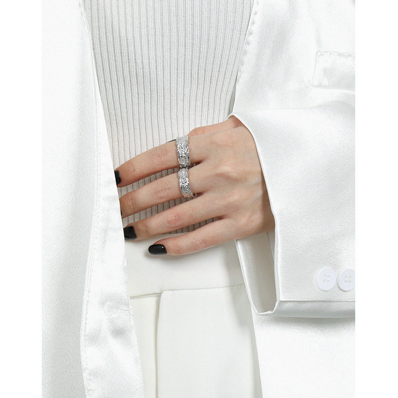 Pure Metal Irregular Hammered Textured Silver Color S925 Sterling Silver Open Adjustable Wide Band Ring