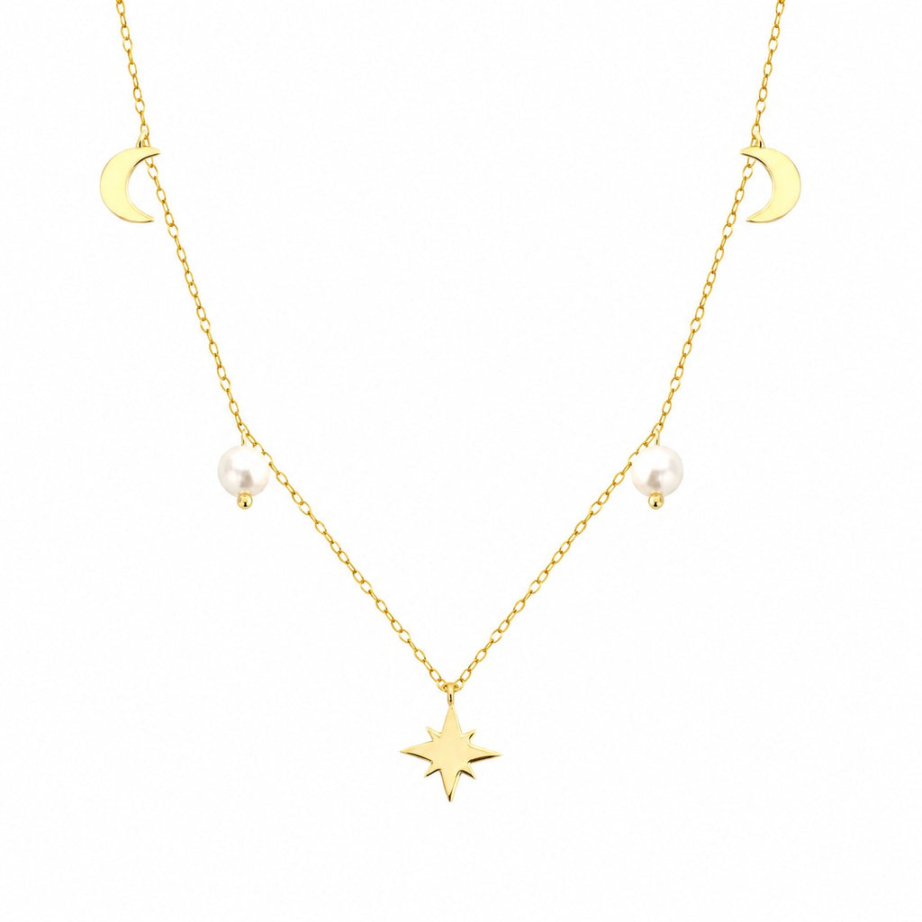 Cadena, Colgante en forma de O con perla, luna, media luna y anís estrellado en plata esterlina 925
