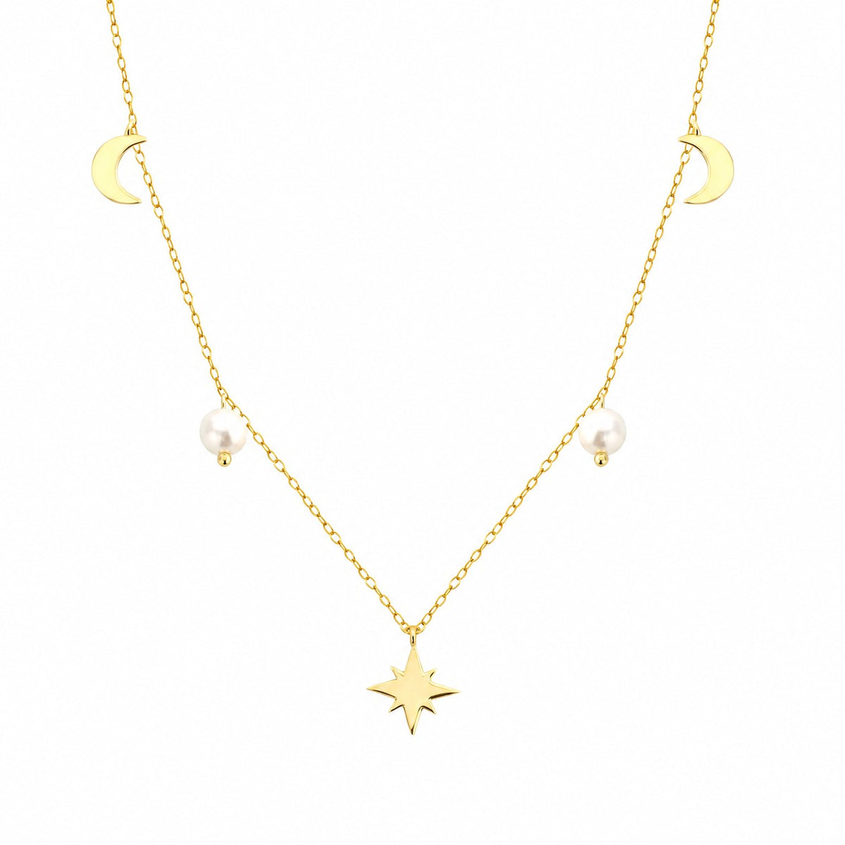 Cadena, Colgante en forma de O con perla, luna, media luna y anís estrellado en plata esterlina 925