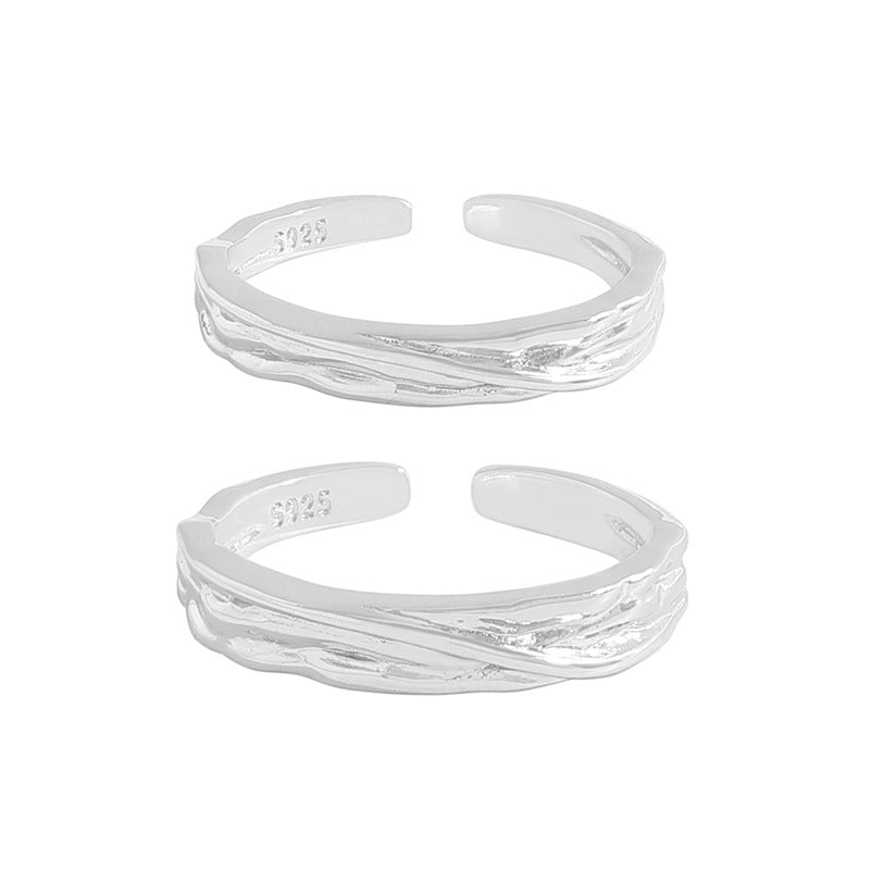Simple Irregular Lines 925 Sterling Silver Adjustable Couple Ring