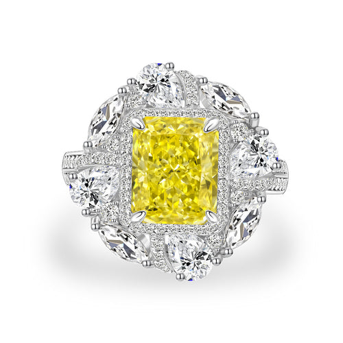Anillo moderno de plata de ley 925 con circonia amarilla rectangular y halo
