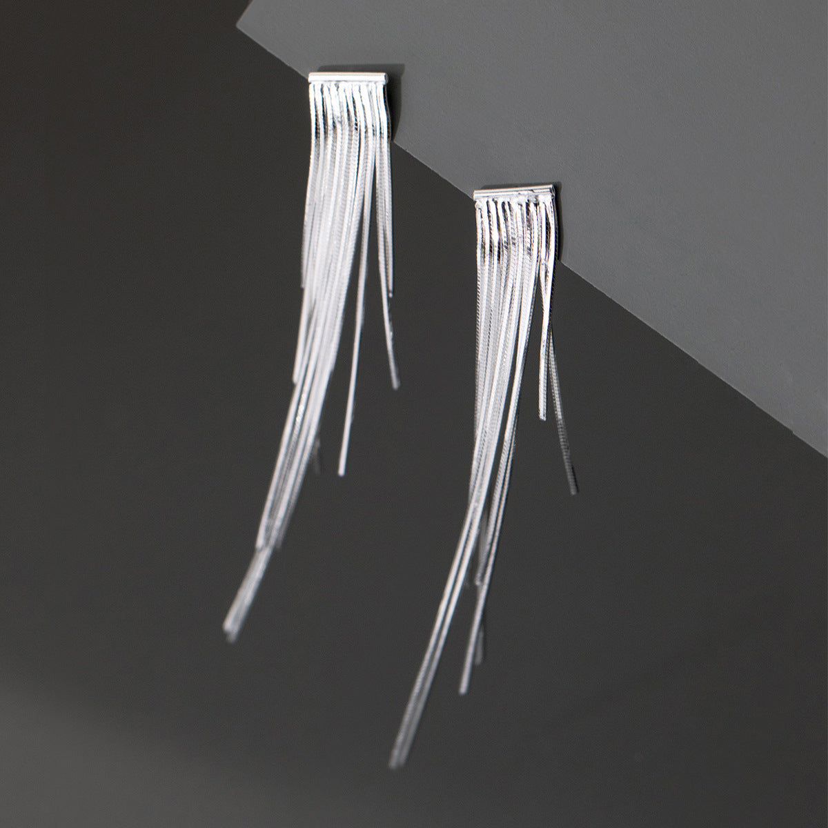 Geometric Line Drop Design S925 Silver Long Snake Chain Tassel Stud Earrings