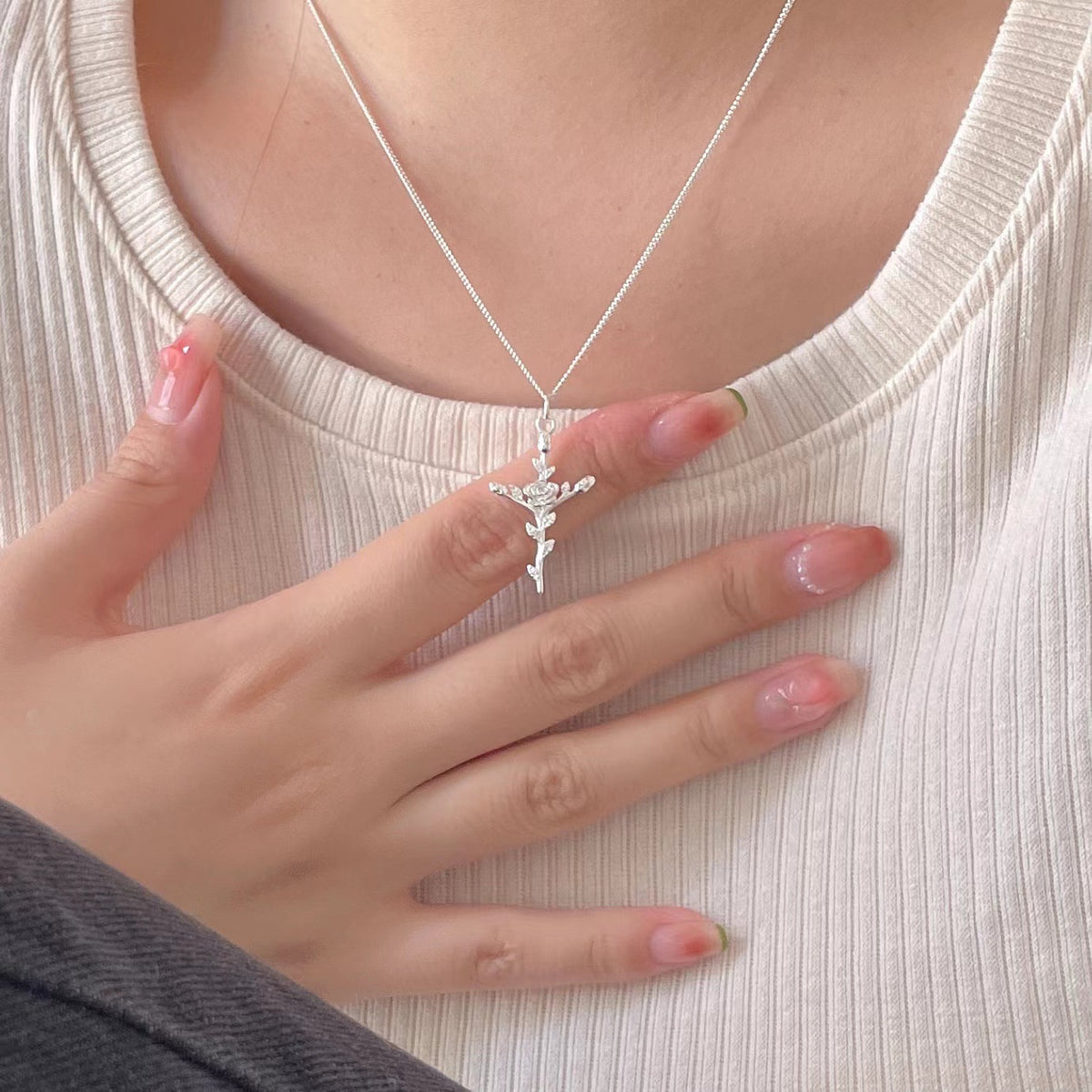 Women Beautiful Rose Flower Cross 925 Sterling Silver Necklace