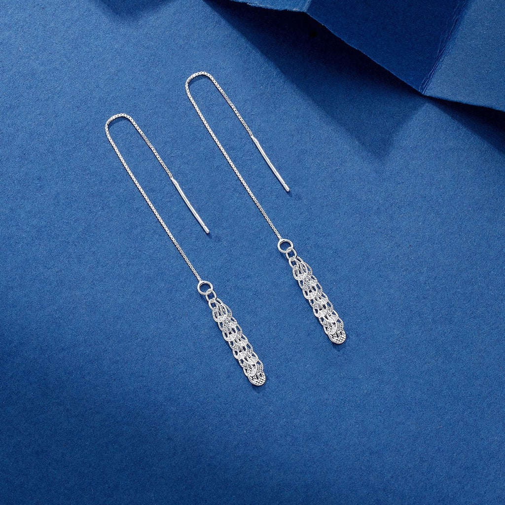 Elegant Long Chain Tassel Cubic Zirconia in 925 Sterling Silver Tassel Feather Threader Earrings