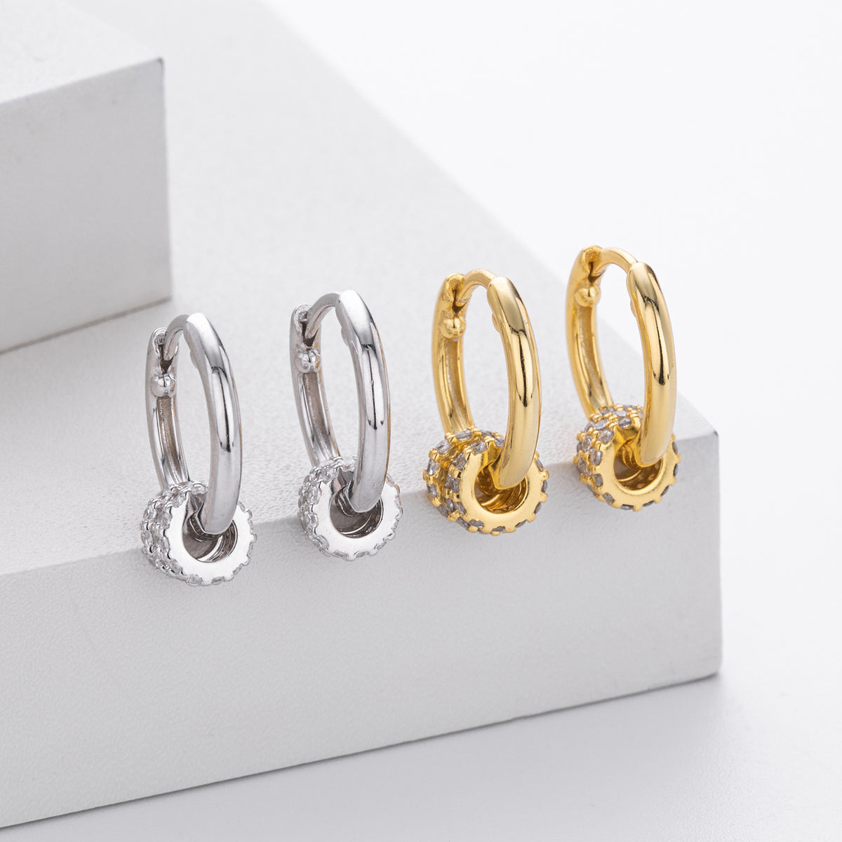 Modern Circle Design Elegant Geometric Cubic Zirconia Gold and Silver Tone 925 Sterling Silver Earrings