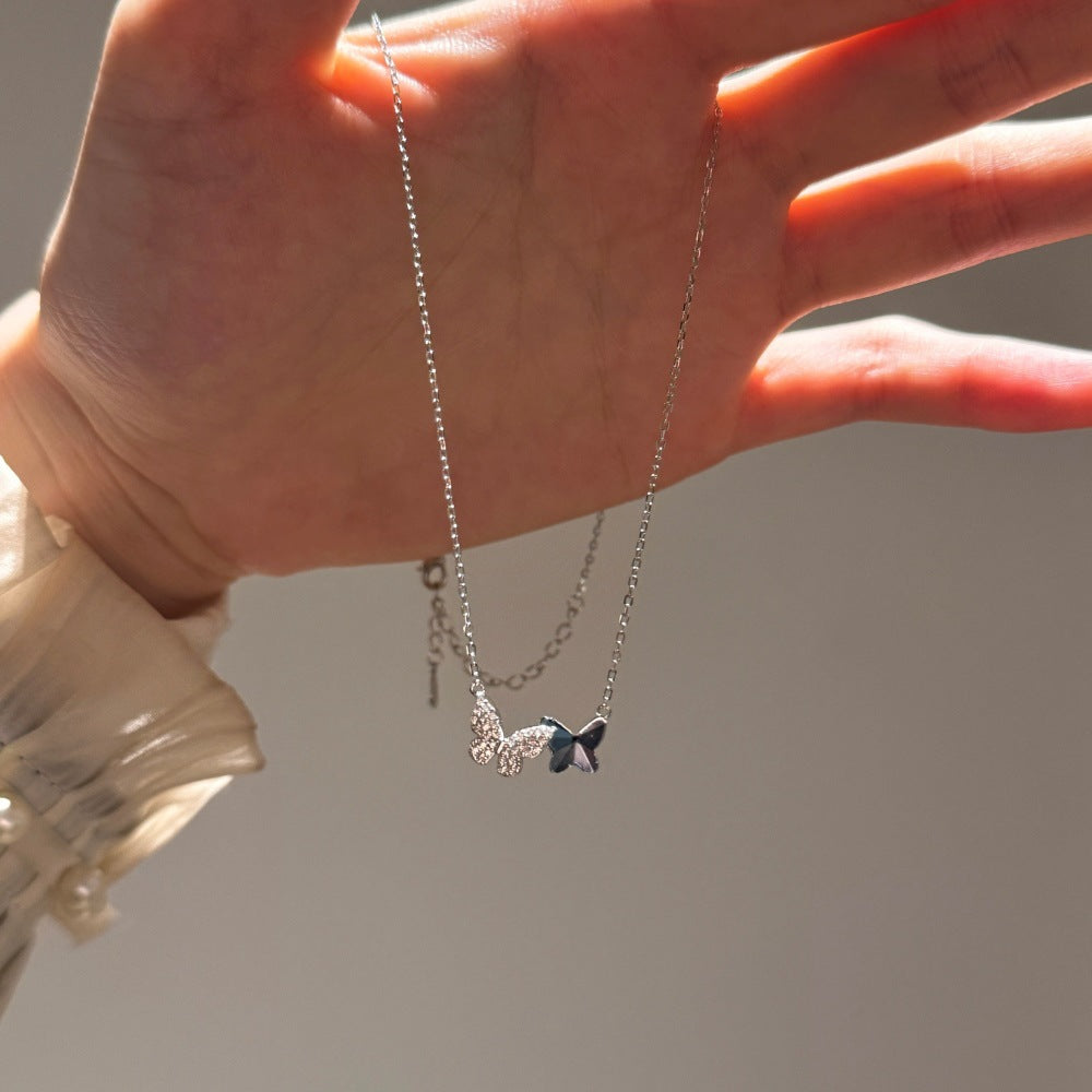 Women Beautiful Blue Austrian Crystal CZ Butterfly 925 Sterling Silver Necklace