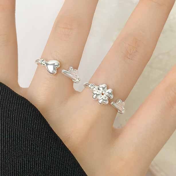 Honey Moon Gift Heart Lock Key 925 Sterling Silver Adjustable Ring