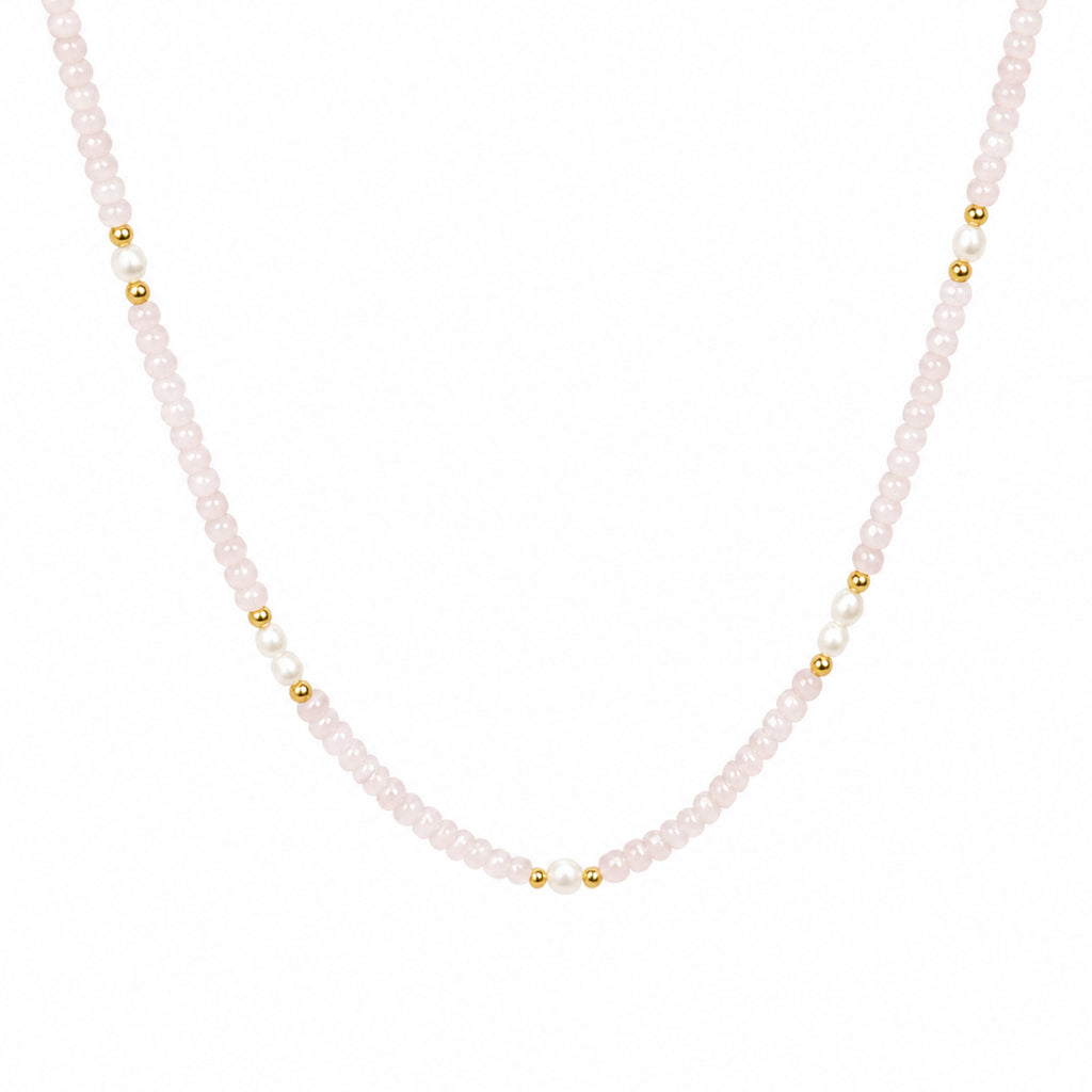 Dainty Pink Natural Rose Quartz Freshwater Multi Size Pearl Beaded Adjustable Elegant 925 Sterling Silver Necklace