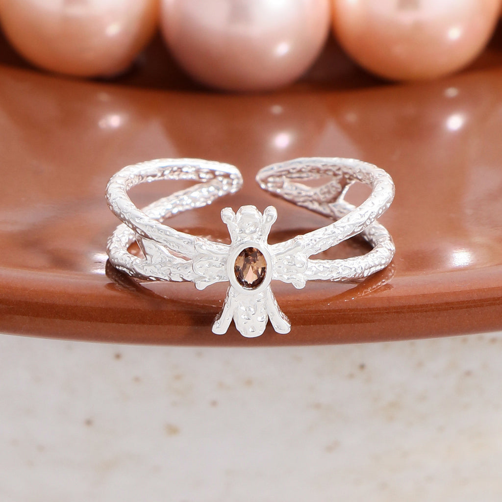 Elegant Double Layers Brown Oval CZ Wand 925 Sterling Silver Adjustable Ring