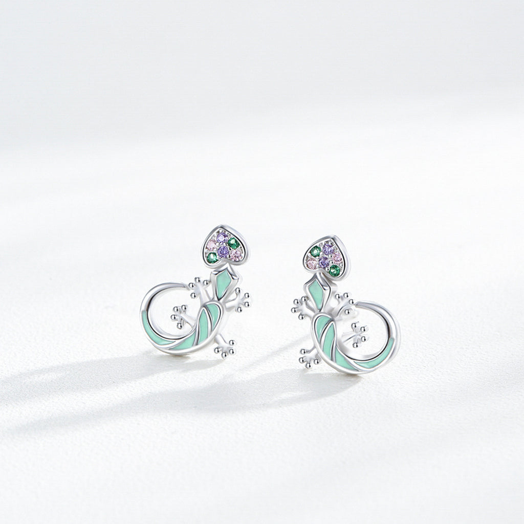 Rainbow Cube Zirconium Blue Mint Green Enamel Lizard-shaped 925 Silver Earrings