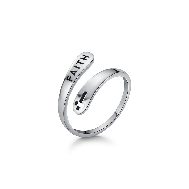 Anillo Ajustable Abierto con Cruz de Carta de Fe Vintage en Plata de Ley S925 con Óxido Antiguo y Diseño Geométrico