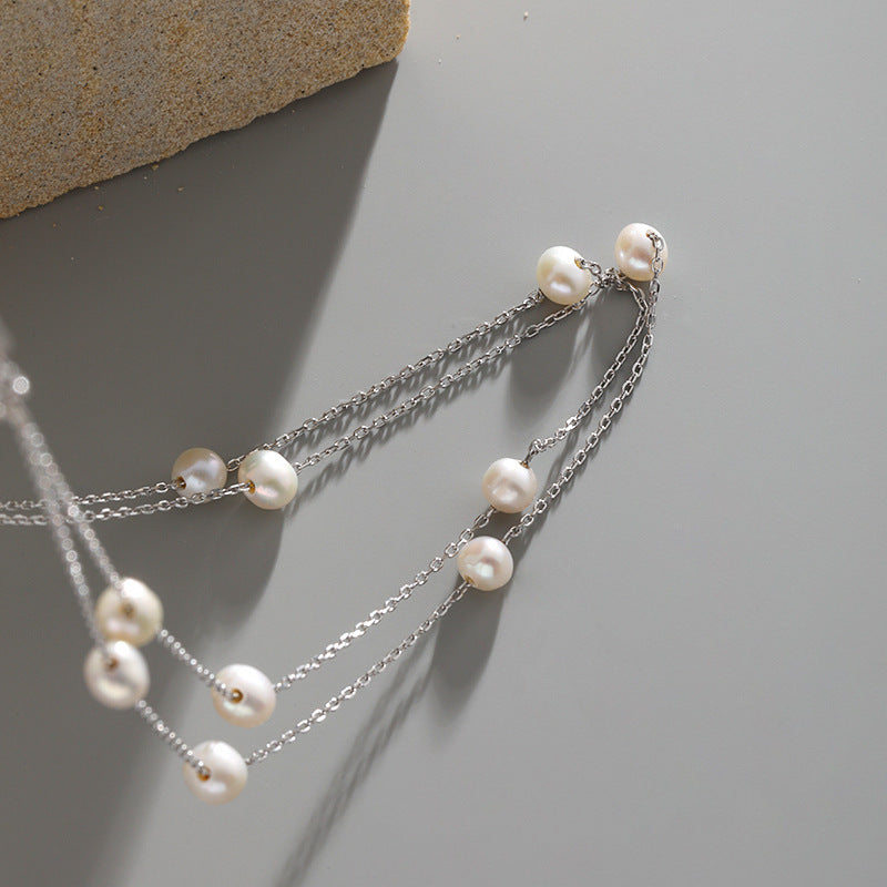 Collar de cadena geométrica de plata esterlina S925 con perlas de agua dulce de doble capa