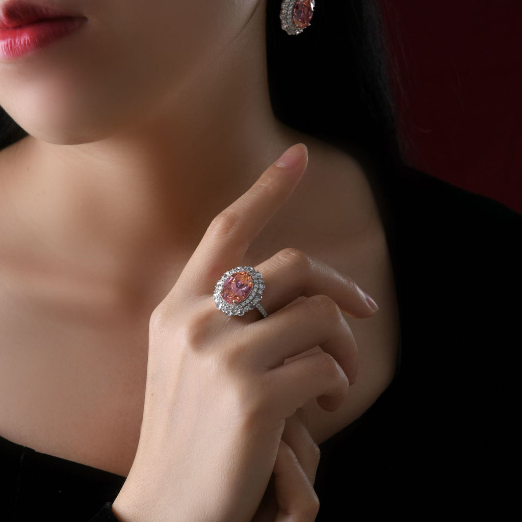 Trendy anillo de cóctel de plata de ley 925 con circonia ovalada rosa