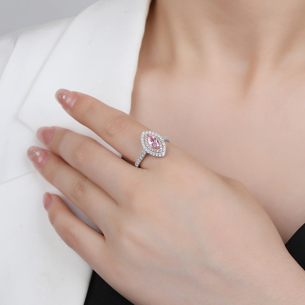 Pink Marquise Eye Shape Rose Gold Prongs Micro Setting Cubic Zirconia 925 Sterling Silver Halo Statement Band Ring
