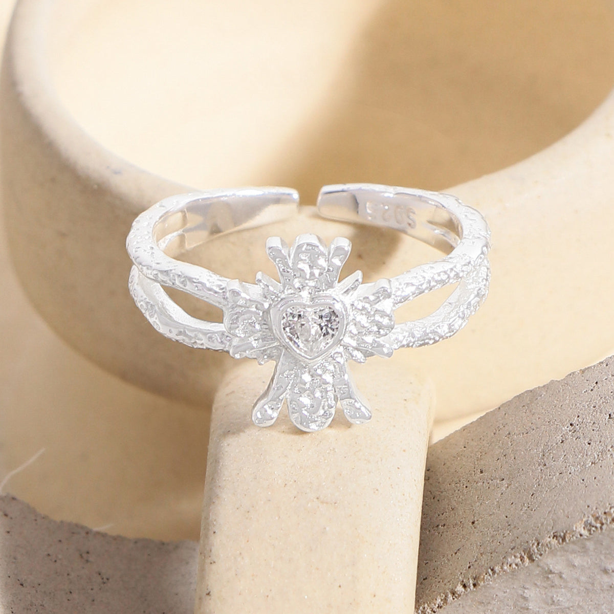 Party Irregular Heart CZ 925 Sterling Silver Adjustable Ring