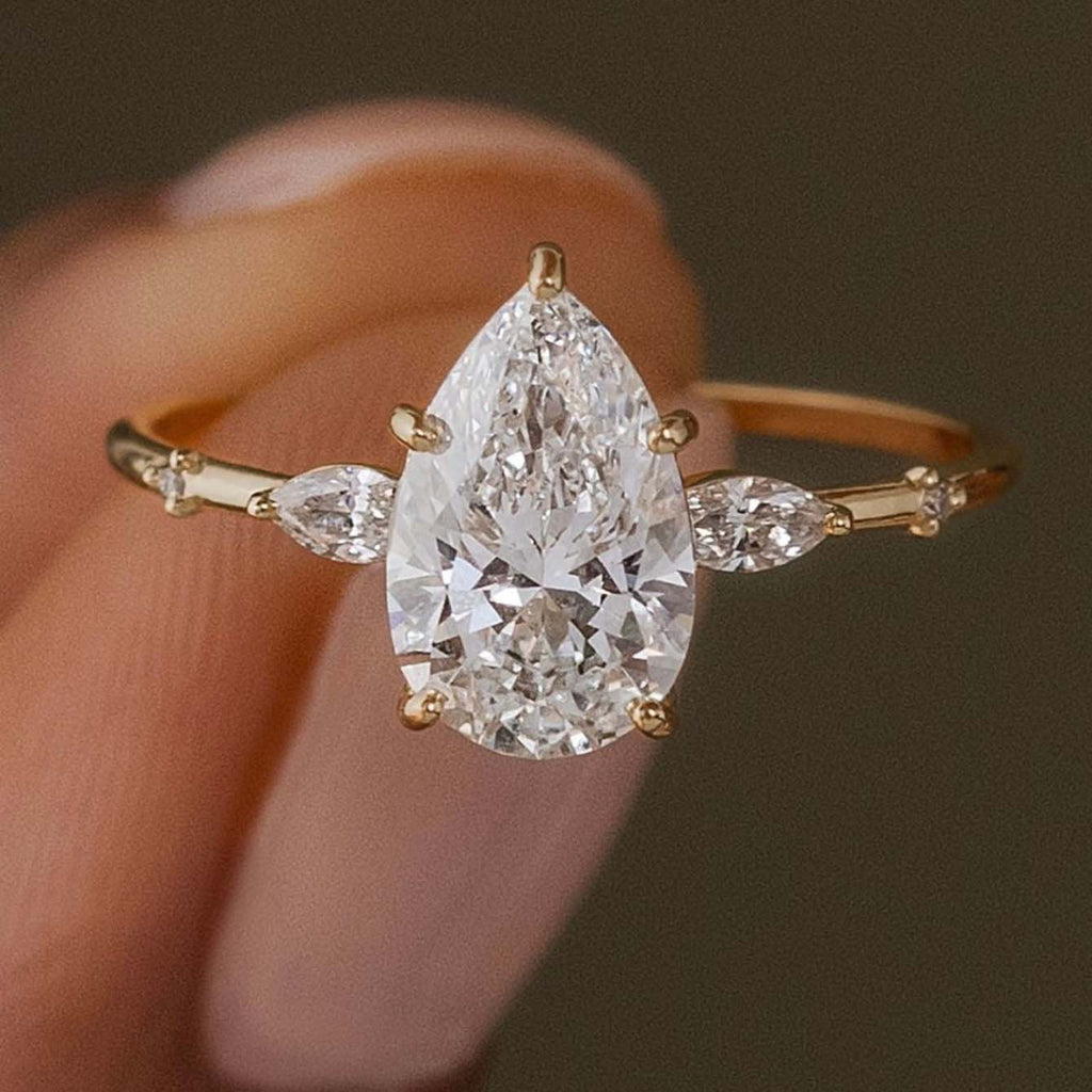 Moissanite Pear Cut Geometric Ring 925 Sterling Silver Slim Band with Marquise Side Stones and Round Accent Stones for Women Elegant Fashion Minimalist Statement Ring