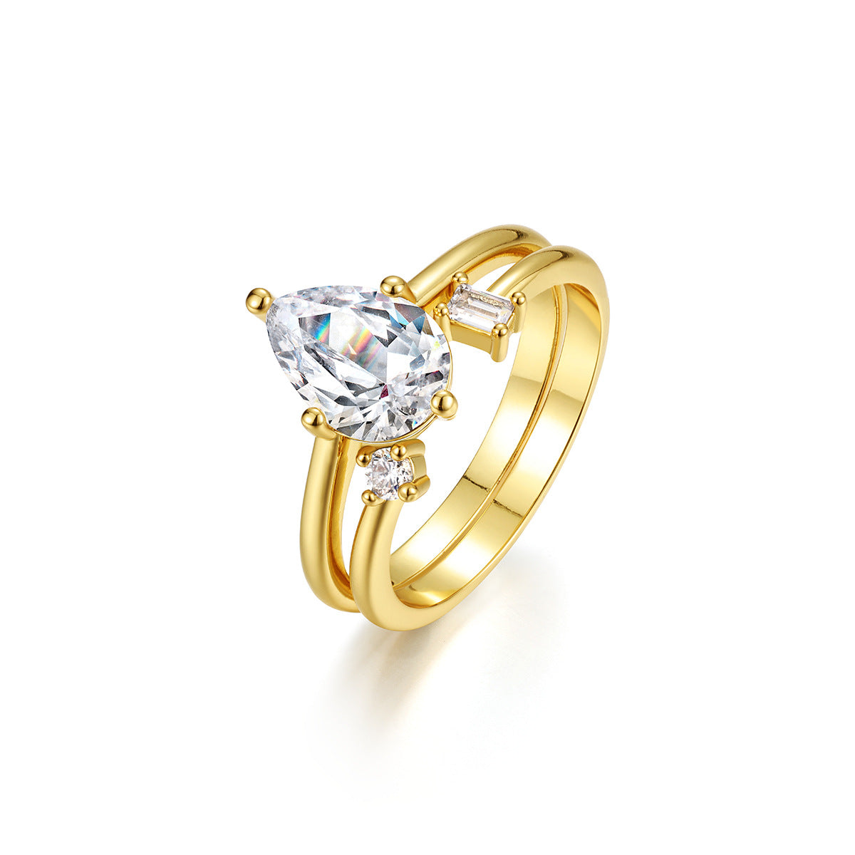 Pear Shape Moissanite Stack Ring Set S925 Sterling Silver Double Band Ring With Round And Baguette Accent Stones White Gold Tone Or Yellow Gold Elegant Fashion Jewelry For Women