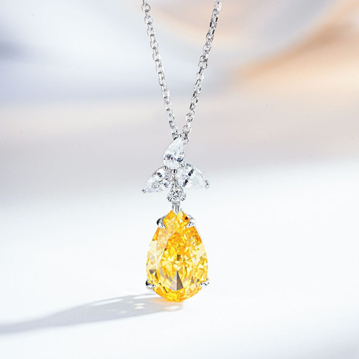Elegant Teardrop Cubic Zirconia Pendant Necklace with 925 Sterling Silver Chain for Women Fashion Jewelry in Pink Blue and Yellow Variants