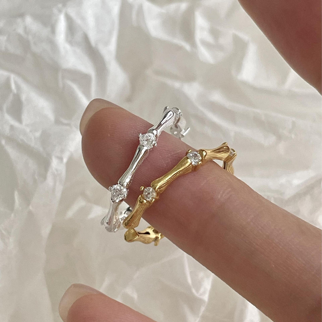 Simple Irregular CZ Camboo Joint 925 Sterling Silver Adjustable Ring